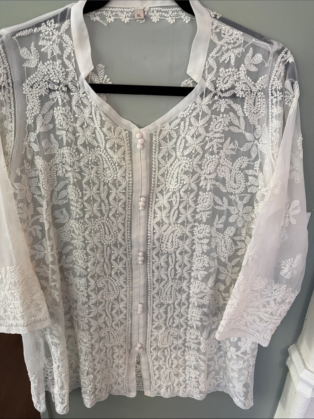 Sheer White Embroidered Button-Front Robe Cover-Up
